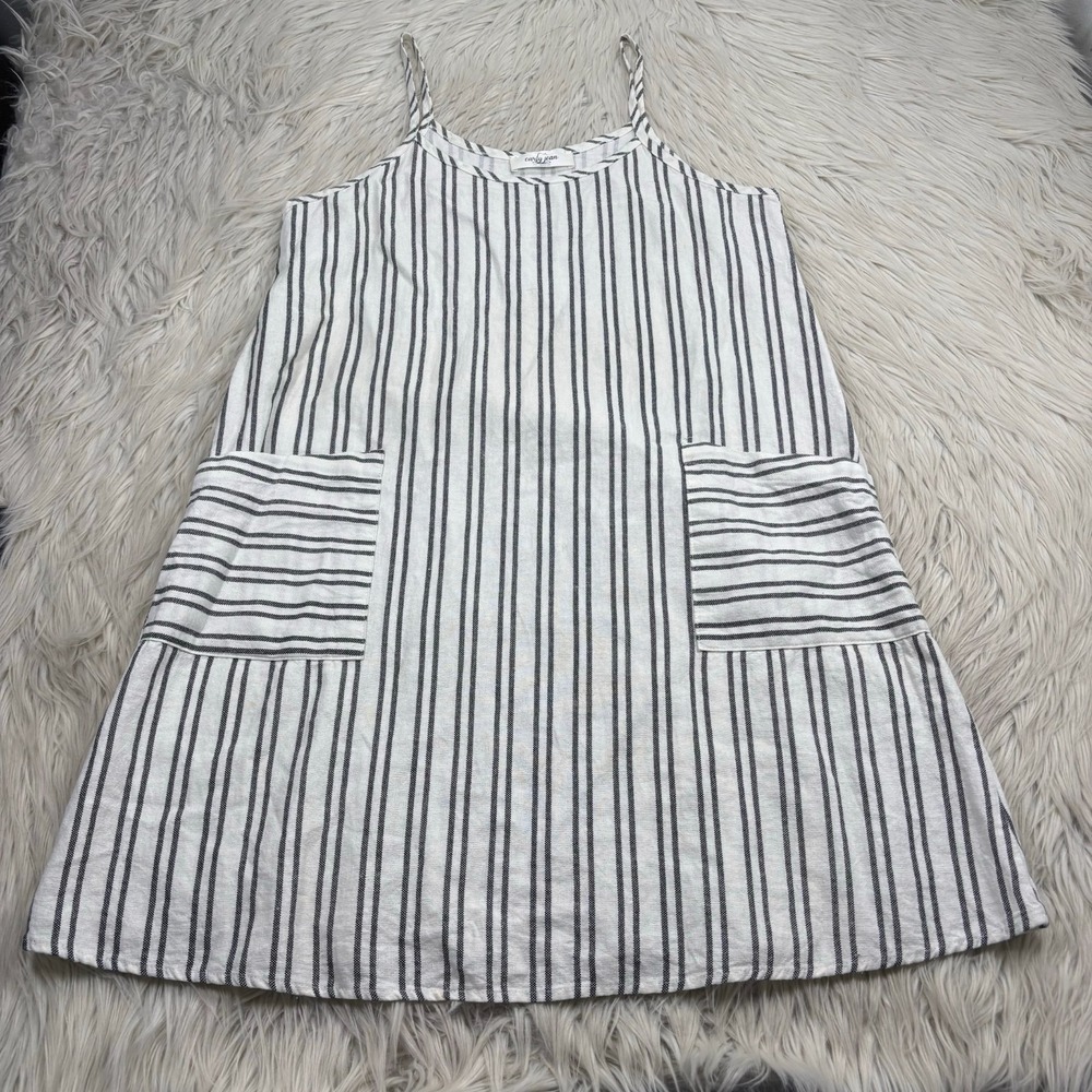 Carly Jean Women's S White‎ Black Stripe Shift Dress Linen Blend Coastal Beach